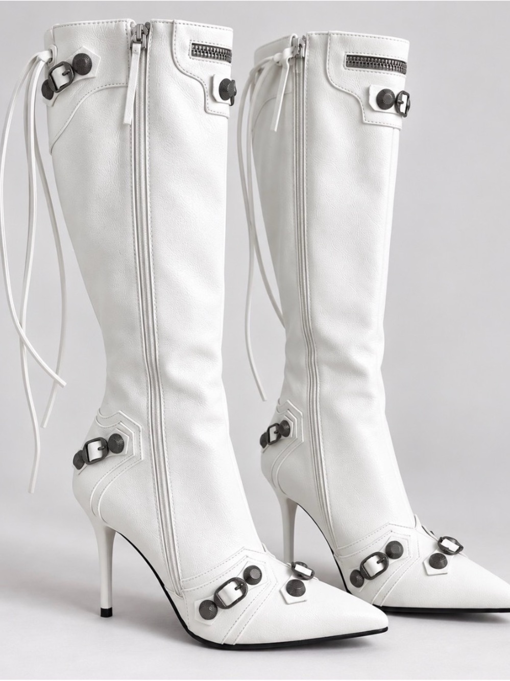 White Knee High Stiletto Boots | Y2K Moto Buckle Pointed Toe Cyber Glam Size 40